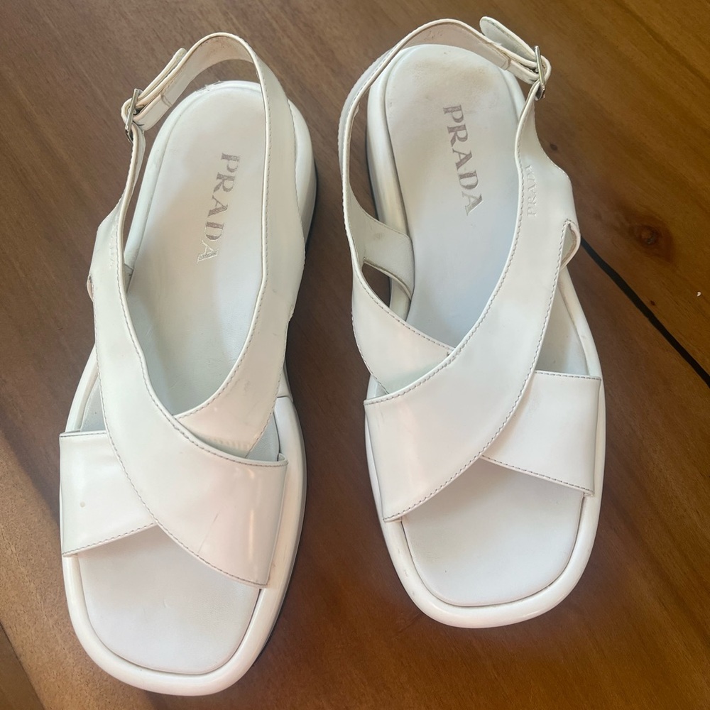 Prada white platform crisscross sandals. Size 38
